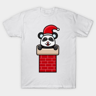 Sticker and Label Of  Cute Baby Panda On chimney house and wearing Santa Hat. T-Shirt